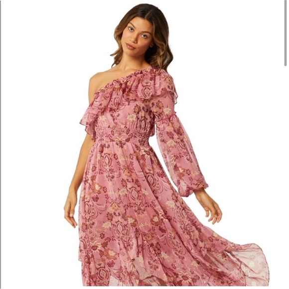 MISA Los Angeles Pink Floral Vola One Shoulder Ruffle Midi Dress - Size S - Picture 2 of 8